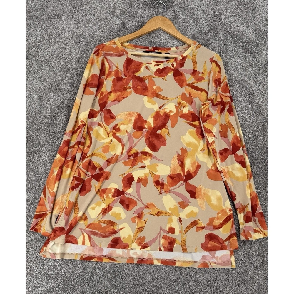 Dennis Basso Floral Top Women's Medium Beige Orange Red Watercolor Stretch NWOT